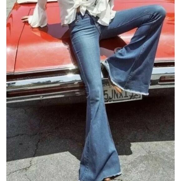 Free People Denim - Free People Super Ultra Flare Leg Jeans Mid Rise Bell Bottom Raw Hem, Blue